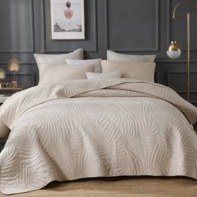 Pure White Leaves Double-sided Embroidery Quiltedtextiles Three-piece Set (Option: Camel Color-250 Cmx270cm Two Pillowcases)