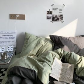 Double-piece Foggy Gray Quilt Cover Four-piece Bedding Sheet Dormitory Bed Three-piece Set (Option: Dark Gray Matcha-220cm)